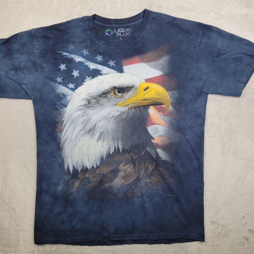 Liquid Blue Shirt Mens Large Blue Bald Eagle American Flag Patriotic Graphic Tee